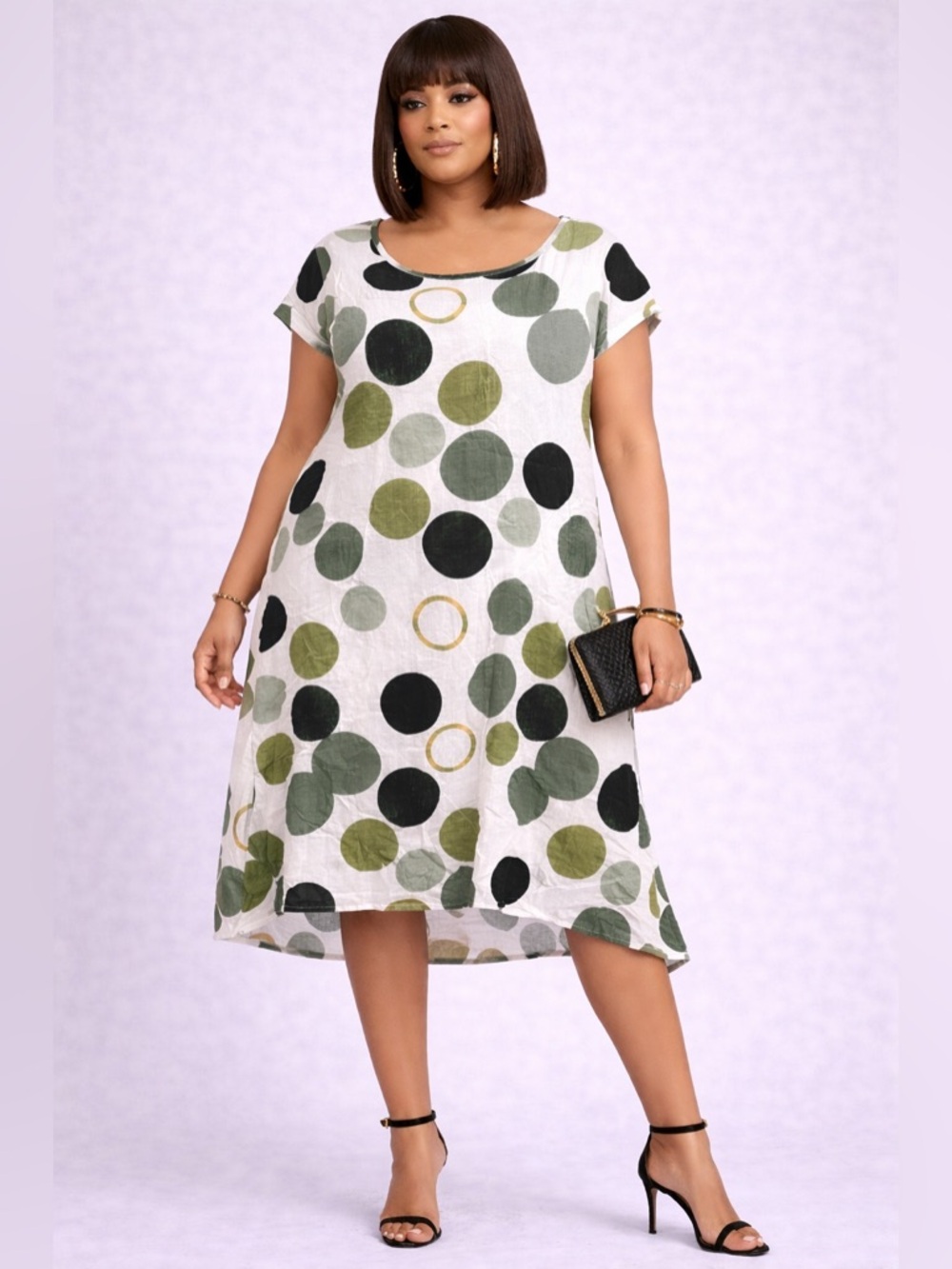 Plus-Size Green Polka Dot Midi Dress - Casual Scoop Neck